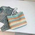 Colorful striped woven straw tote bag with white cotton rope handles for summer beach use - Style 1
