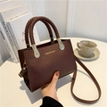 Brown crocodile pattern tote bag with woven handles and detachable crossbody strap - Brown
