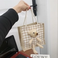 Cute teddy bear tote bag with beige houndstooth pattern and soft cotton rope handles - Houndstooth Khaki