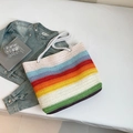 Rainbow striped woven tote bag with white cotton rope handles in colorful summer style - Rainbow (Style 2)