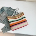 Colorful striped woven tote bag with white cotton rope handles on white background - Style 3