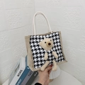 Minimalist houndstooth canvas handbag featuring a 3D beige plush bear doll ornament - Houndstooth Black
