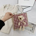 Linen handbag with red houndstooth panel and 3D plush bear decorative accent - Houndstooth Red