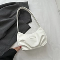 White crescent underarm bag in smooth PU leather with pleated details and fashion label - White