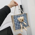 Blue houndstooth canvas tote bag featuring a cute 3D plush teddy bear and rope handles - Houndstooth Blue
