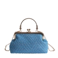 Blue woven shell bag with gold round handle and chain strap for summer casual elegance - Blue