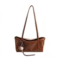 Retro brown glossy faux leather shoulder bag with a minimalist design and decorative charms - With Pendant / Mud Brown