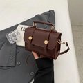 Vintage style dark brown box bag in smooth PU leather with golden metal accents - Brown