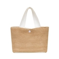 Handwoven straw tote bag with white fabric straps and snap button closure in natural beige - White