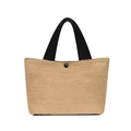 Minimalist beige straw woven tote bag with black fabric handles and snap closure - Black