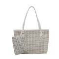 Tragetaschen-Set aus weiß-goldem Tweed mit passender Tasche und Lederbesatz - Weiß