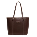 Grande borsa tote marrone scuro in ecopelle con cuciture bianche e tracolle lunghe - caffè