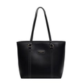 Borsa tote nera minimalista in pelle liscia con cuciture a contrasto bianche e logo - Nero