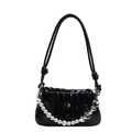 Fashionable black pleated cloud handbag with white pearl and silver heart chain charm - Black