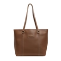 Borsa tote in pelle marrone di grande capacità con cuciture bianche e anelli dorati - Marrone