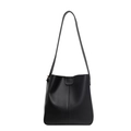 Minimalist black leather bucket bag with vertical stitching and adjustable strap - Black