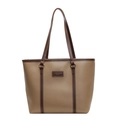 Minimalist large tote bag in khaki and dark brown PU leather with golden hardware - Khaki