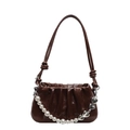 Dark brown pleated cloud bag for women featuring white pearl and silver heart chain strap - Brown