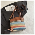 Colorful striped woven straw bucket bag with brown leather handles and brand tag - Large Size Brown