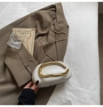 White crescent evening bag with bold gold metal handle and removable chain strap - White
