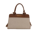 Große beige Canvas und braune Leder Patchwork Tasche mit Fashion Bag Schriftzug - Colorblock Leinwand Stil / Braun