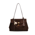 Dark brown suede tote bag with golden twist lock and baseball bat keychain - With Pendant / Coffee
