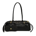 Sac bowling rétro en cuir noir avec longues anses et petite pochette accessoire - Noir