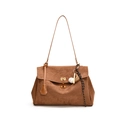 Brown suede tote bag with golden twist lock and baseball charm detail on white background - With Pendant / Brown