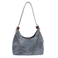 Blue denim crescent hobo bag with brown leather strap and decorative silver chains - Denim Blue