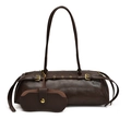 Sac à main cylindrique minimaliste en cuir marron foncé avec boucle dorée et pochette assortie - Marron