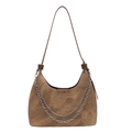Vintage brown suede crescent shoulder bag with metallic chain detail and wide strap - Khaki