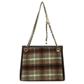 Classic checkered tote bag with gold chain strap and vintage wool fabric design - L / Green Check