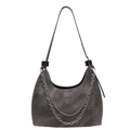 Gray canvas crescent shoulder bag with dual silver chains and a vintage aesthetic - Dark Brown