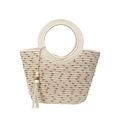 Große Boho-Strandtasche aus geflochtenem Material mit runden Griffen und Quasten-Anhänger - Cremeweiß mit Anhänger