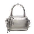 Silver wrinkled leather crossbody bag with metal chain and unique key charm detail - Silver