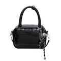 Glossy black quilted crossbody bag with silver chain and punk style metal charms - Black