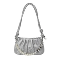 Silver grey pleated shoulder bag featuring a pearl chain with heart pendants - Silver