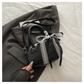 Elegant black patent leather handbag with bow texture and white lace ribbon detail - Black With Pendant