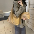 Khaki synthetic leather large tote bag and pouch set with adjustable strap - Brown