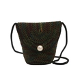 Mini borsa a secchiello in paglia nera con cuciture colorate e chiusura con perla - Fibbia con Perla Grande Cuciture Colorate / Nero
