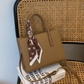 Brown litchi leather tote bag with silk heart scarf and adjustable shoulder strap - Brown
