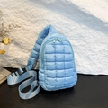 Light blue quilted nylon crossbody bag with diamond patterns and adjustable strap - Blue