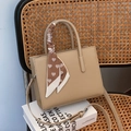 Beige faux leather tote bag with heart-print silk scarf wrapped on the handle - Khaki