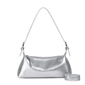 Silver metallic baguette underarm bag with pleated leather texture and crossbody strap - Silver