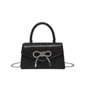 Elegant black sequined evening handbag with a sparkling rhinestone bow and chain strap - Black