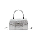 Elegant silver glitter evening bag with crystal bow detail and silver chain strap - Silver