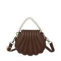 Brown shell-shaped crossbody bag with pearl handle and stylish pleated faux leather detail - Brown