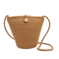 Borsa a secchiello in paglia kaki fatta a mano con elegante perla e tracolla intrecciata - Fibbia con Perla Grande Stile Secchiello / Cachi