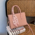 Pale pink tote bag with heart-print silk scarf handle and adjustable shoulder strap - Pink