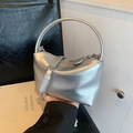 Metallic silver pleated handbag with decorative buckle strap and fixed top handle - Silver